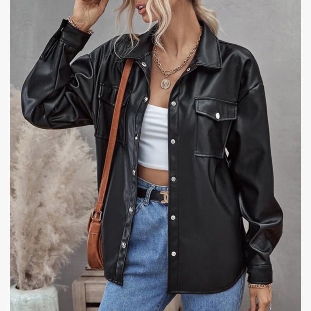 Black Faux Leather Shirt Jacket sz L